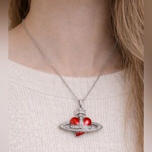 Vivienne Westwood DIAMONTE Heart Orb Red and Silver Heart Pendant Necklace